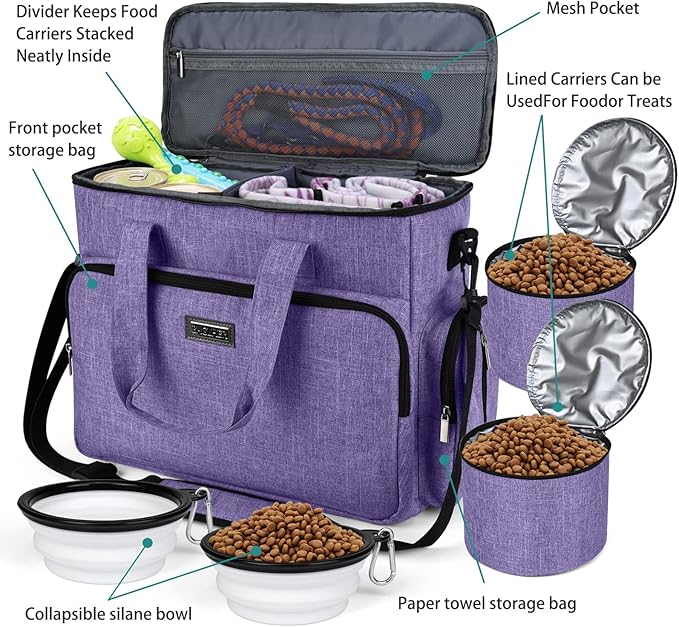 BAGLHER Dog Travel Bag, Airline Approved Pet Tote Organizer with Multi-Function Pockets, 2 X Food Storage Containers and 2 X Collapsible Dog Bowls, Perfect Weekend Pet Travel Set for Dog, Cat Purple