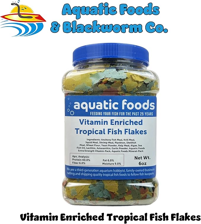 Aquatic Foods Inc. Premium Vitamin Enriched Tropical Fish Flakes, Vitamin Pack, Krill, Color Enhancing, Spirulina Flakes for All Tropical Fish Also Pellet Mix, Wafer Mix Included…6oz Jar