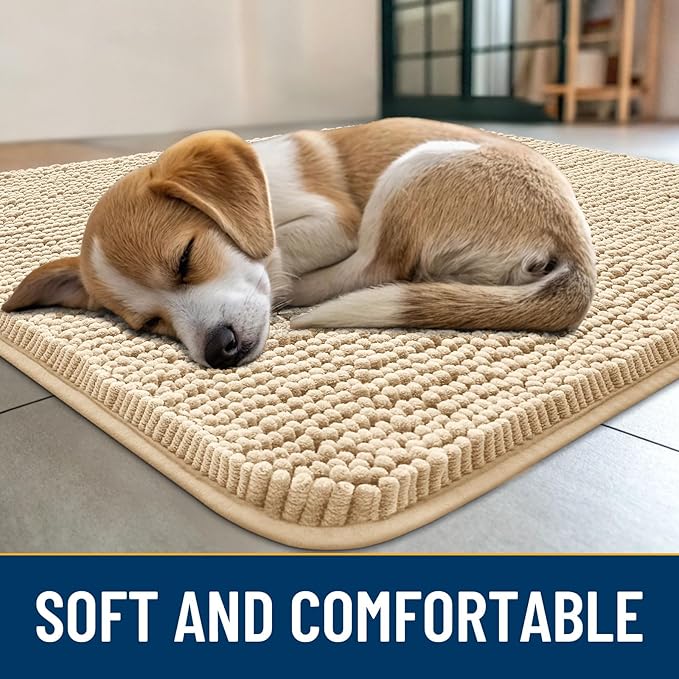Smiry Dog Door Mat for Muddy Paws 48x30, Absorbs Moisture and Dirt Doormat, Non-Slip Washable Quick Dry Chenille Front Door Mat Indoor Entrance, Entryway Carpet for Inside Floor, Beige