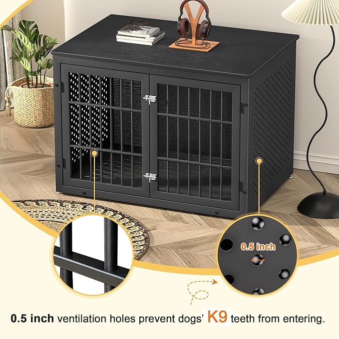 42" Heavy Duty Dog Crate Furniture for Large and Medium Dogs, Enclosed Design Wooden Metal Kennel, Wooden Cage Furniture Indoor, Decorative Dog Kennel End Table