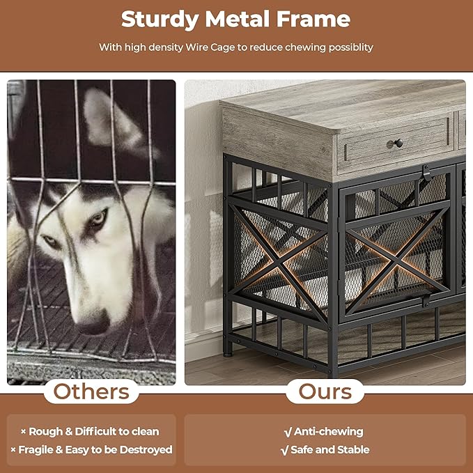 IRONCK 44 inch Large Dog Crate Furniture, Wooden Dog Kennel with Storage Drawers for Medium/Large Dogs, Decorative Dogs Kennel Indoor, Light Ivory