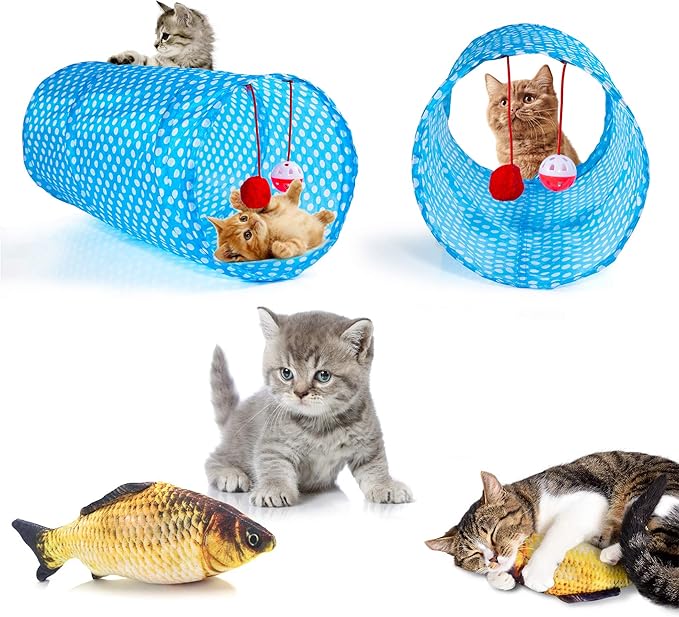 AILUKI 35 PCS Cat Toys Kitten Toys Assortments,Variety Catnip Toy Set Including 2 Way Tunnel,Cat Feather Teaser,Catnip Fish,Mice,Colorful Balls and Bells for Cat,Puppy,Kitty