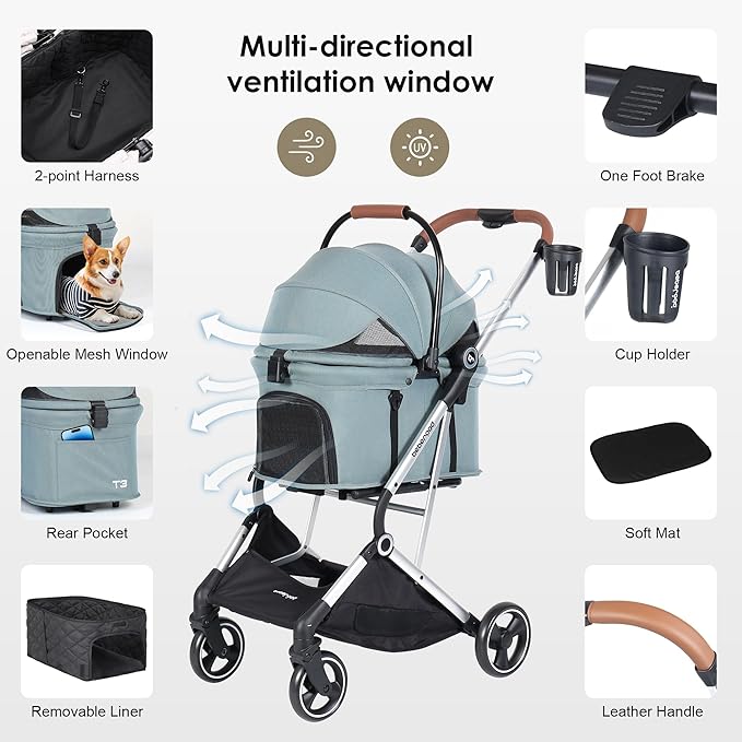 T3 Pro 3-in-1 Small Pet Stroller for Dog & Cats, 4 Wheels with Detachable Carrier with Pad, Canopy and Cup Holder, Green