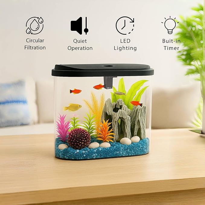 Koller Products Aquarium Fish Tank 4.5 Gallon Starter kit, Self Cleaning System Efficiency Filter 7 Color LED Lights and Timer, Plastic Small Fish Tank for Betta Guppies Neon Snail Ornamental Shrimp