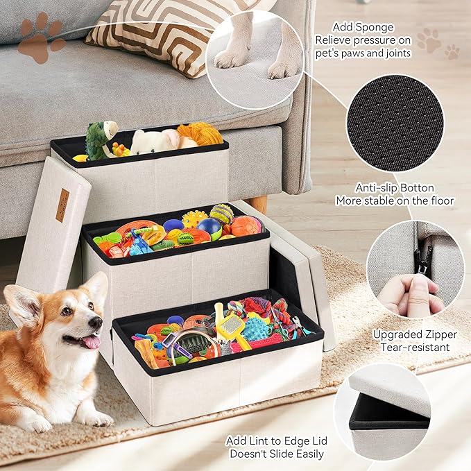 Dog Stairs with Storage 18" H, 3-Step Wider Dog Steps for Small/Medium/Large Old Dogs Cats, Folding Sturdy Pet Stairs Climbing Bed or Couch, Ramp for Car Up to 200 lbs (Beige, No Condo)
