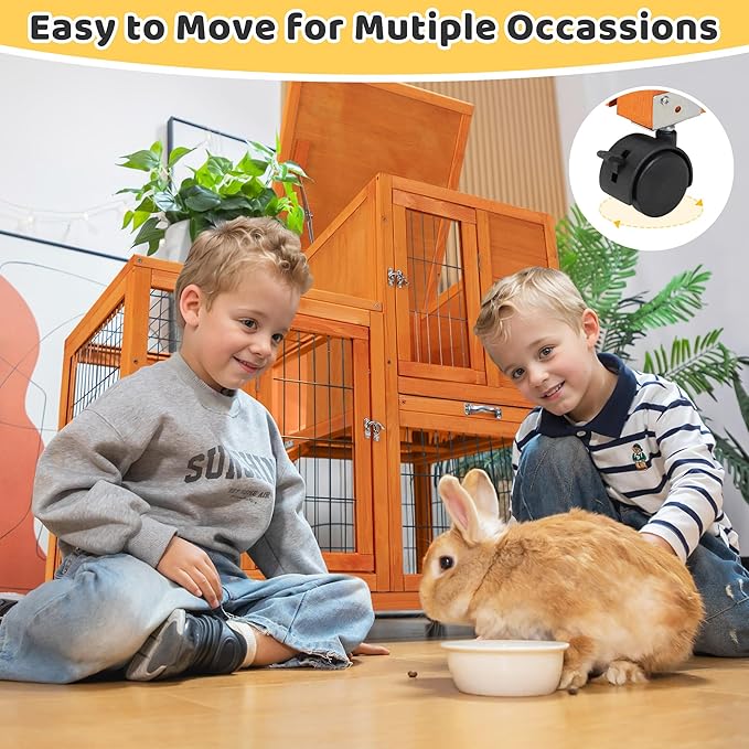 Indoor Rabbit Hutch Outdoor Bunny Hutch with Wheels, 2 Pull-Out Trays, Waterproof Openable Roof, 39" L Large 2-Level Wooden Rabbit Cage Small Animal Enclosure, Orange