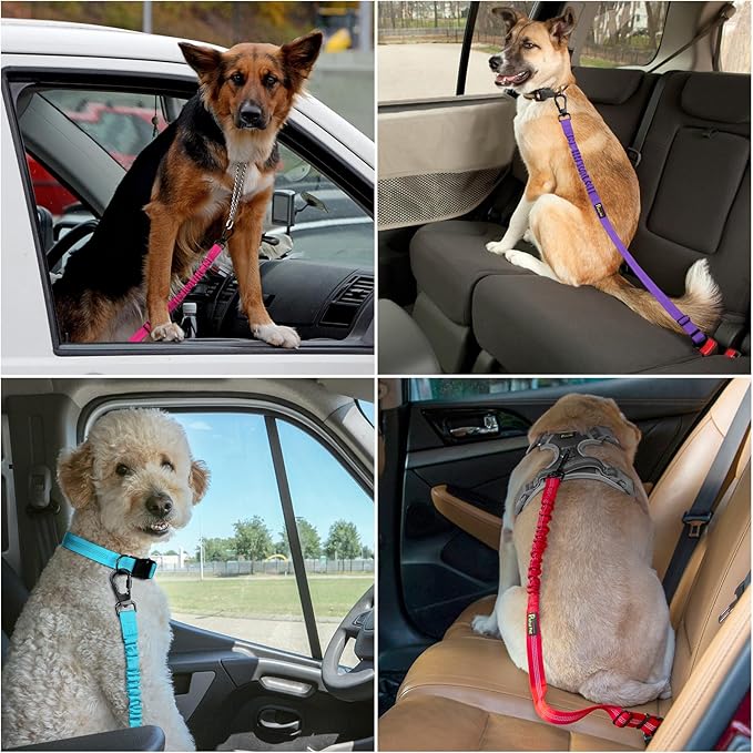 Plutus Pet Dog Seat Belt for Car, Adjustable Dog Car Harness with Carabiner Clip, Reflective Safety Dog Seatbelt Leash with Elastic Bungee, Chocolate
