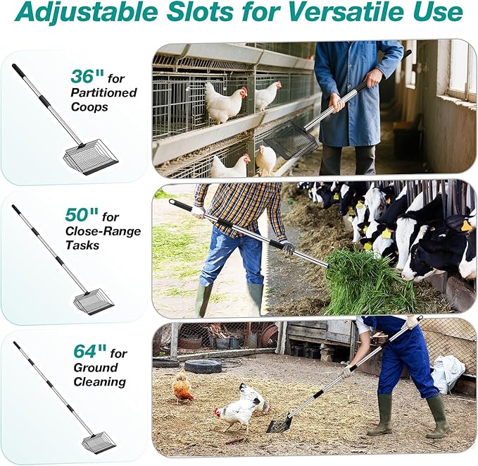 Adjustable Chicken Poop Scooper, Heavy Duty Stainless Steel Chicken Rake with 3-Slot Pole, Multi-Use Pet Waste Shovel & Hay Scooper - 36"/50"/64" Length