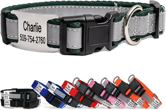 GoTags Reflective Personalized Dog Collar with Nameplate, Adjustable Dog Collar with Custom Engraved Steel Slide On Pet ID Tag, Silent, No Noise Dog Tag (Hunter Green, Medium)