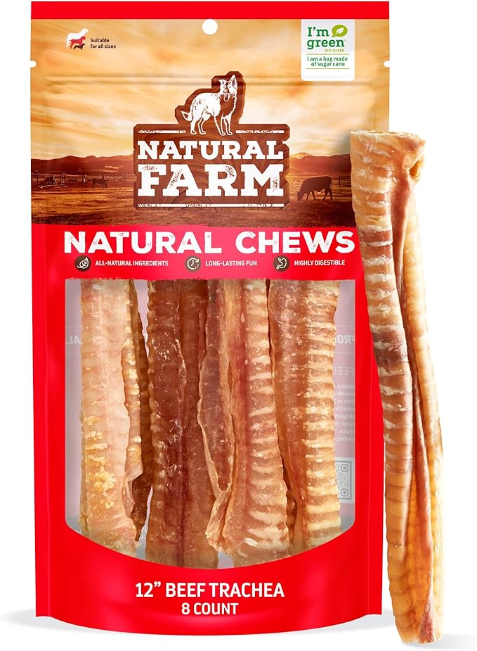 Natural Farm Beef Trachea (12 Inch, 8 Pack), 100% Beef Chews, Natural Glucosamine and Chondroitin for Joint & Hip Mobility, Bone Strength – Low Fat Crunchy & Crispy Treats for All Dogs