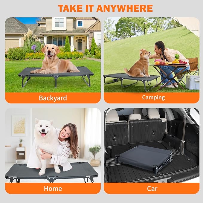 Elevated Dog Bed for Large Pet with No-Slip Feet, Foldable Portable Washable Raised Bed for Indoor&Outdoor Camping Dog Cot, with Cooling Waterproof Breathable Mesh (Medium, Black-Textilene)