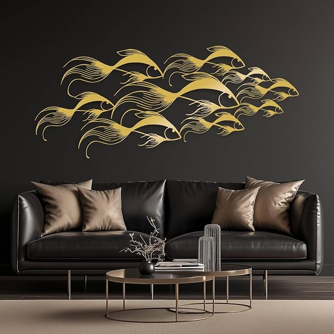 School of Fish Metal Wall Art, Metal Fish Wall Decor, Sea Life Wall Art, Large Nautical Wall Hanging, Modern Beach House Wall Decor, Ocean Themed Artwork for Bathroom (Black, 24"x10" | 60x25cm)