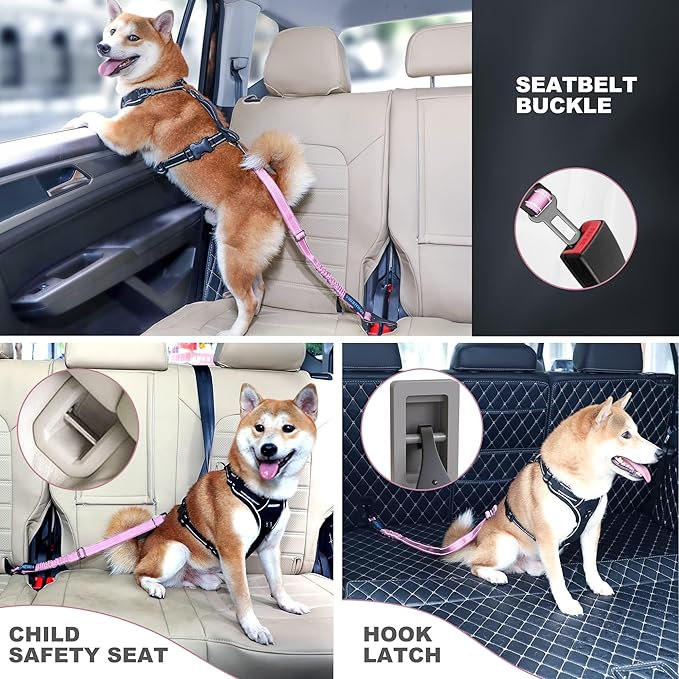 IOKHEIRA Dog Seat Belt 3-in-1 Car Harness for Dogs Adjustable Safety Seatbelt for Car Nylon Reflective Bungee Fabric Dog Car Harness with Clip Hook Latch & Buckle, Swivel Zinc Alloy Carabiner (Pink)
