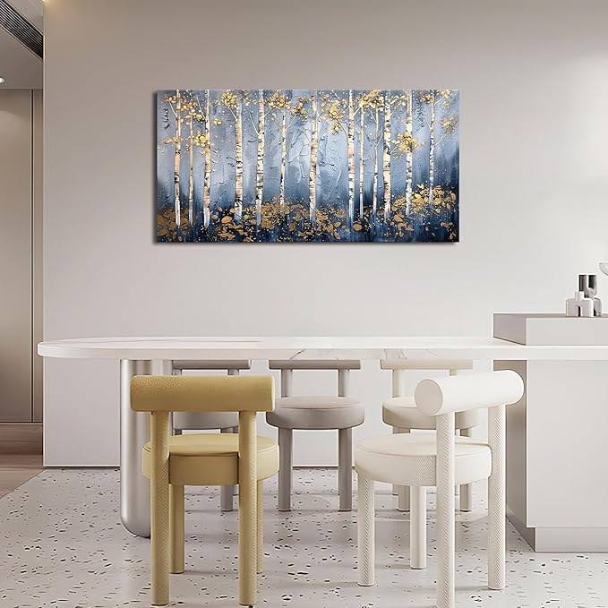 Large White Birch Wall Art Forest Golden Leaves Canvas Living Room Nature Landscape Pictures Framed Prints Oversize Wall Decor Painting Artwork for Bedroom Dining Home 60"x30"