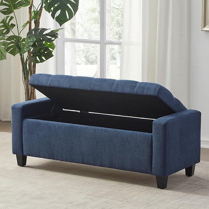Ottoman with Storage, 48.8" Fabric Storage Ottoman Bench with Hinge, Bedroom Bench, Upholstered Benches with Seating for Living Room, Entryway (Dark Blue)