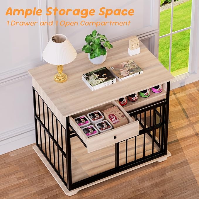 35.5" Dog Crate Furniture, Wooden Dog Crate Furniture for Medium Small Dogs, Wooden Dog Kennel End Table with Drawer and Open Shelves, Sliding Door Dog Kennel Furniture