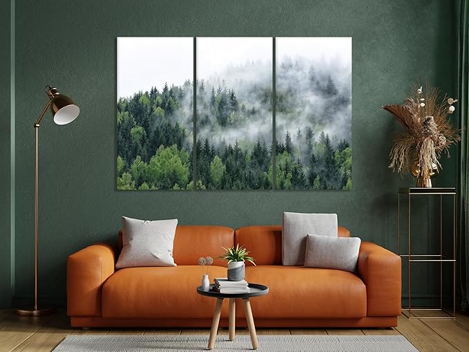 Nature Wall Art Prints - Ocean Forest Mountain Lake Canvas Landscapes - Small to Extra Large Living Room Bedroom Kitchen Bathroom Décor (Pine Trees in Fog, 55L" x 83W"- 3 Panels)