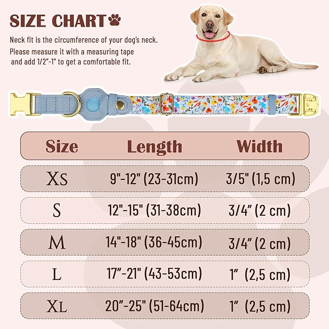 AirTag Dog Collar for Small Medium Large Breed - Adjustable Cute Pattern Dog Collar with Airtag Holder - Soft Leather Tracker GPS Apple Air Tag Pet Collars (X-Large, 20"-25" Neck Fit, Floral)