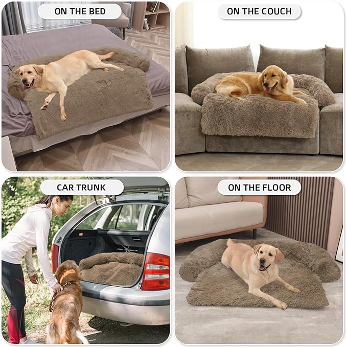 GGIB Calming Dog Bed Fluffy Plush Dog Mat for Furniture Protector with Removable Washable Cover for Large Medium Small Dogs and Cats (Extra Extra Large, Camel)