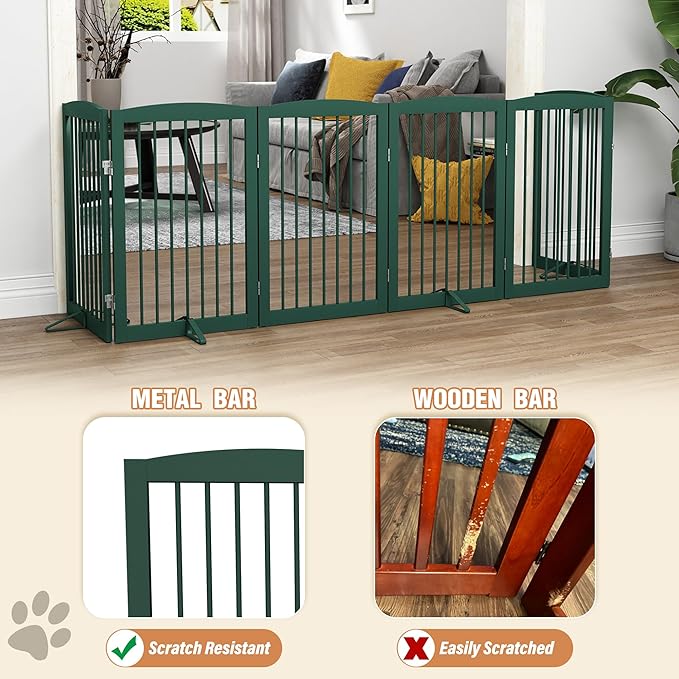 Freestanding Pet Gate for Dogs, Foldable Wooden Dog Gate for House, Extra Wide Indoor Pet Barrier for Stair, Doorway, Hall, Support Feet Included, 120 Inch Wide, 6 Panels 24",Green