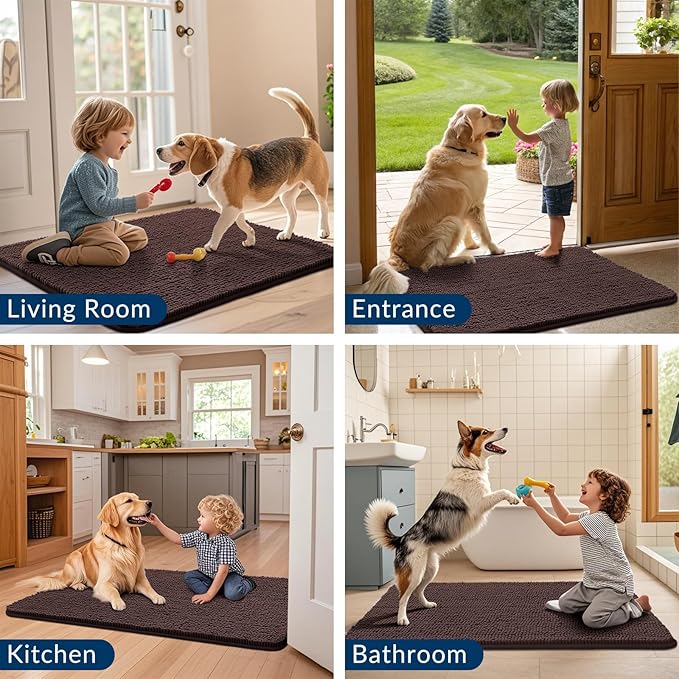 Smiry Dog Door Mat for Muddy Paws 36x24, Absorbs Moisture and Dirt Doormat, Non-Slip Washable Quick Dry Chenille Front Door Mat Indoor Entrance, Entryway Carpet for Inside Floor, Brown