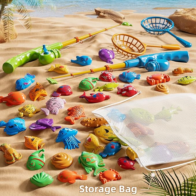 Magnetic Fishing Game Pool Toys for Kids 3-5, Water Table Bathtub Kiddie Party Toy with Pole Rod Net Plastic Floating Fish, Outdoor Toys for Boys Girls Kids Age 3 4 5 6 7 8 Year Old