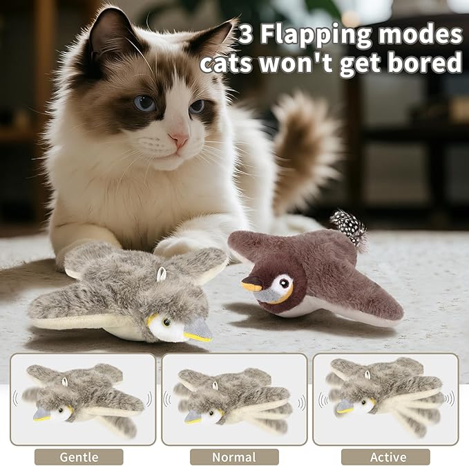 2 PCS Cat Toys, Flapping Bird Cat Toy(No Flying), Interactive Catnip Toy with Catnip Bags, Chirping Noise Moving Wings Dog Cat Kitten Toys, Flappy Flying Pets Toy for Indoor(Brown&Gray Sparrow)