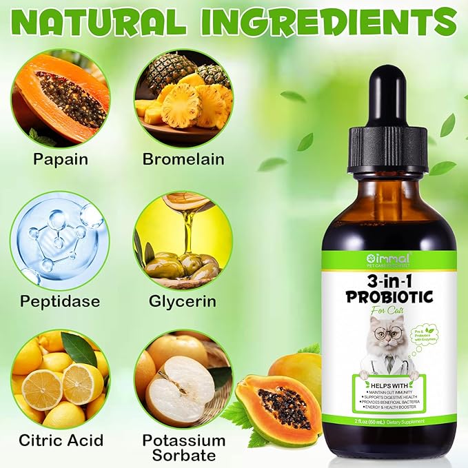 3-in-1 Probiotics for Cats with Digestive Enzymes & Prebiotics – Supports Gut Health, Immune System & Diarrhea Relief – 60ml for Cats of All Ages
