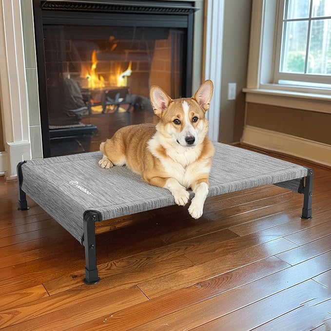 Veehoo Cooling Outdoor Dog Bed, Heavy Duty Elevated Pet Bed with Washable & Breathable Teslin Mesh, Non-Slip Silicon Feet, Dog Cot Bed with Support Hem, 35" x 22", Black Silver, CWC2433