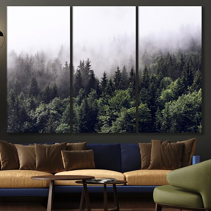 Nature Wall Art Prints - Ocean Forest Mountain Lake Canvas Landscapes - Small to Extra Large Living Room Bedroom Kitchen Bathroom Décor (Foggy Pine Forest, 31L" x 47W" - 3 Panels)