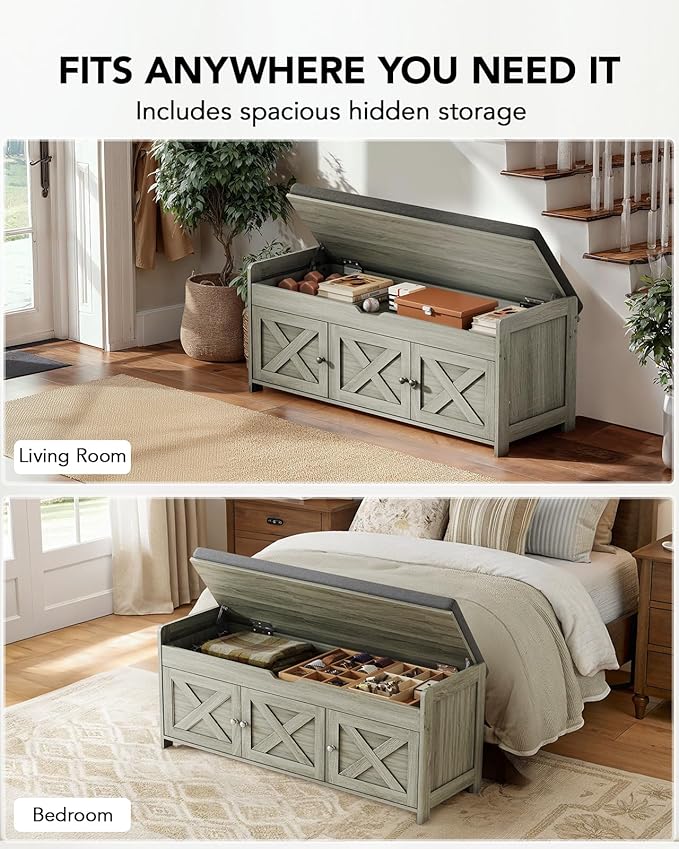 Amada Shoe Bench, Entryway Bench with Cushioned Seat & Lift Top Storage, 3 Doors, Adjustable Shelf, 300 lbs Capacity, Storage Bench with Shoe Rack for Entryway, Bedroom, Living Room, Gray
