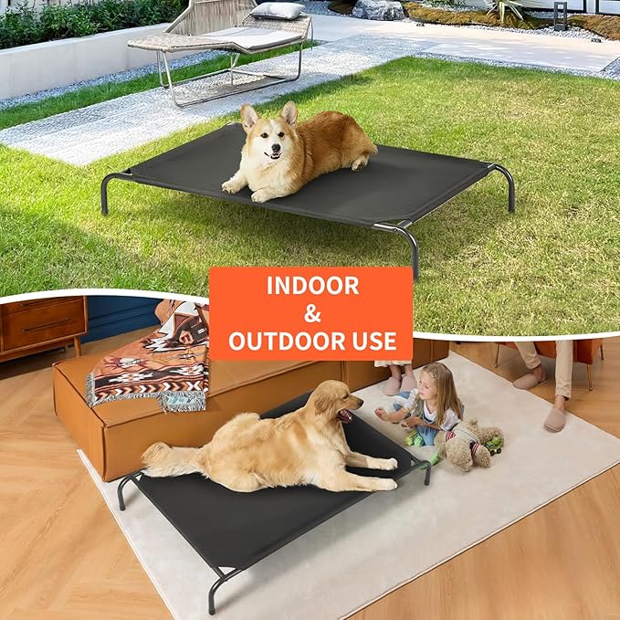 Outdoor Elevated Dog Bed, Cooling Breathable Raised Dogs Cot Beds for Large Dogs, Outside Portable Pet Hammock, Black Metal Frame, Skid-Resistant Feet, Easy Clean, Indoor Outdoor Use,51.1×31.5×7.4 in