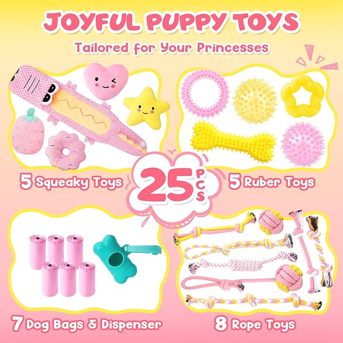 KIPRITII 25-Pack Pink Dreamy Dog Toy Set for Small Female Puppies - Includes Sweet Rope Toys, Chew Toys, Cute No-Stuffing Squeaky Dog Toy for Boredom and Teething