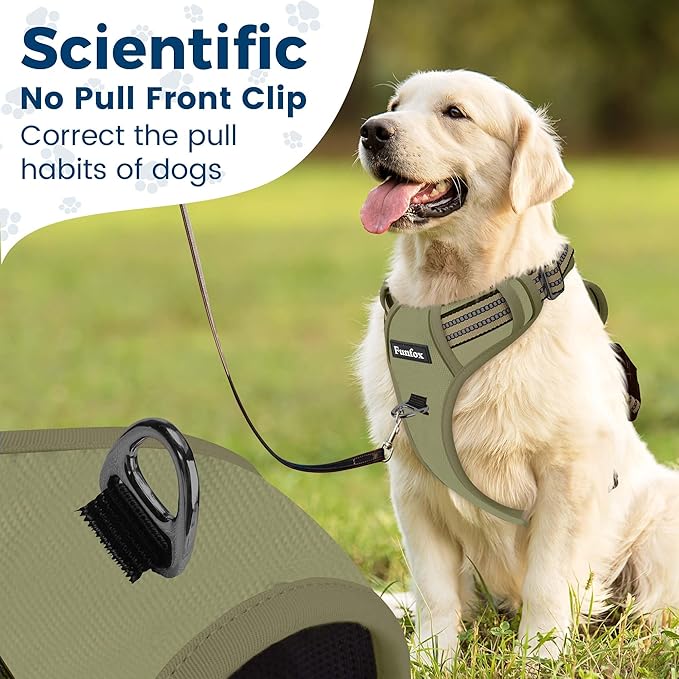Funfox Dog Harness No Pull, Adjustable Pet Vest Harness, Super Soft Material with Vertical Handle Easy Control, Reflective Night Walking, 2 Leash Clips for Medium Sized Dogs, Army Green, M
