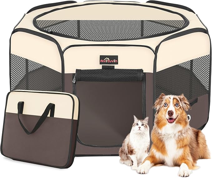 Aivituvin Dog Playpen, Foldable Pet Play Pens with Carrying Bag for Cat, Puppies, Rabbits, Portable Dog Tent Crates Cage for Travel Camping Indoor Outdoor, Removable Shade Cover, Brown M
