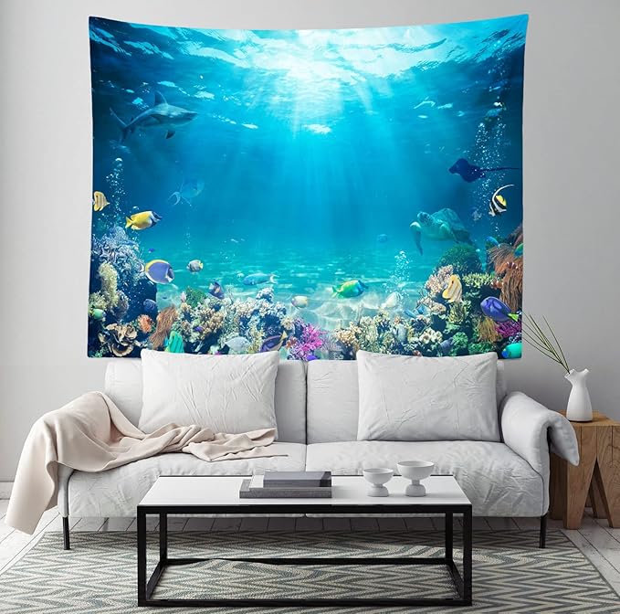 Loccor Underwater World Tapestry Blue Ocean Wall Hanging Under the Sea Coral Reef Wall Tapestry 118X78 Inches Tropical Fish Tank Undersea Tapestries Marine Wall Art for Bedroom Living Room Dorm Decor