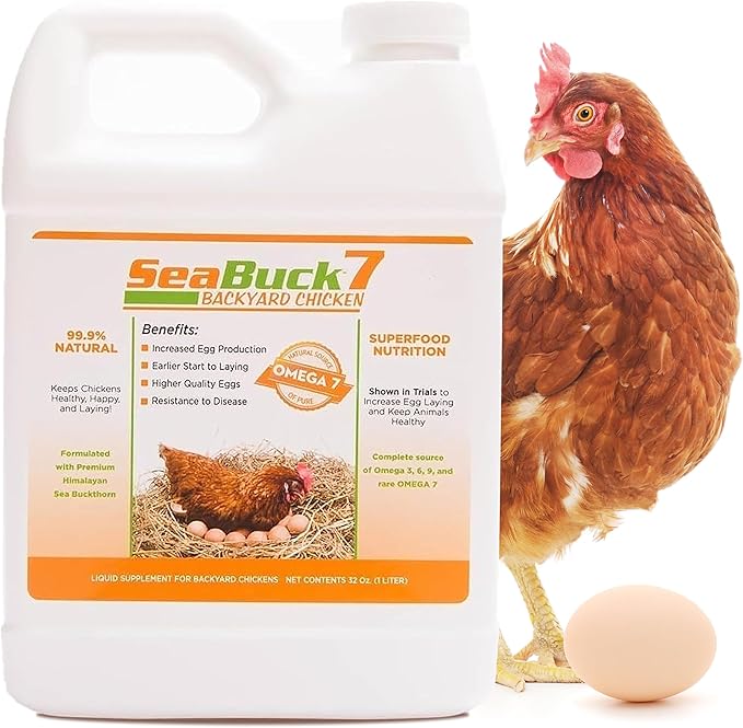 SeaBuck 7 Chicken & Bird Supplement with Sea Buckthorn to Improve Egg Quality (1-Month Supply for 20 Chickens) – Earlier Laying, Egg Production Booster & Higher Quality Eggs