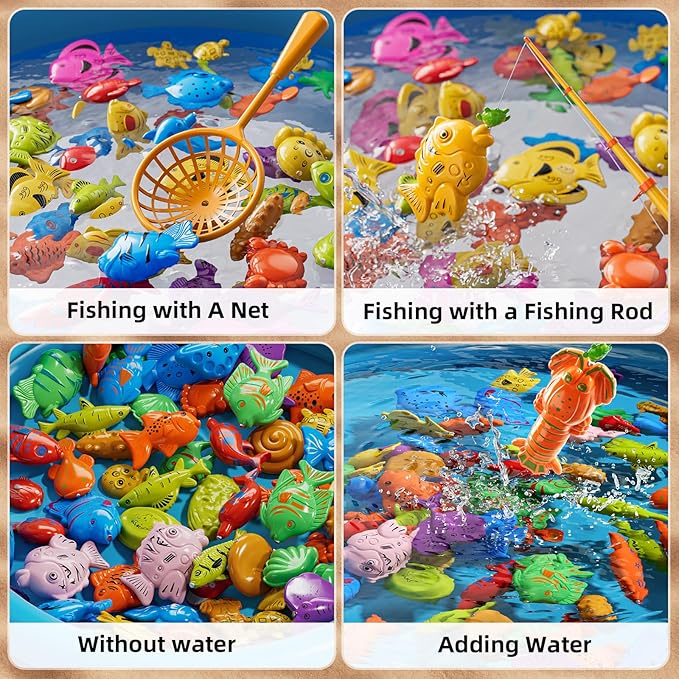 Magnetic Fishing Game Pool Toys for Kids 3-5, Water Table Bathtub Kiddie Party Toy with Pole Rod Net Plastic Floating Fish, Outdoor Toys for Boys Girls Kids Age 3 4 5 6 7 8 Year Old