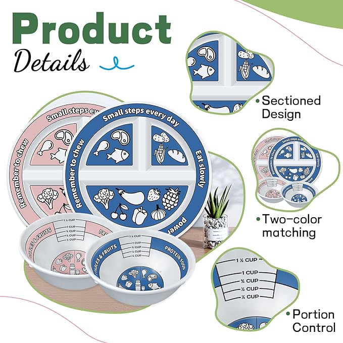 4 Pcs Portion Control Plates & Bowls Set (2 Plates + 2 Bowls, 9 Inch) - Self-Measuring for Weight Loss, Gastric Bypass, LapBand, Diabetes & Healthy Diets, Pink & Blue, for Adults & Children
