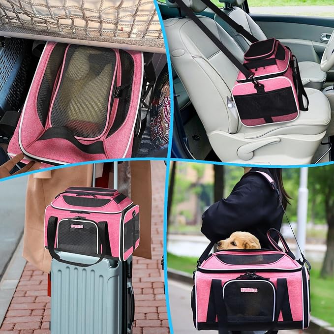 Petskd Top-Expandable Pet Carrier 18x13x9.5 Inches Southwest Airline Approved, Soft-Sided Carrier for Small Cats and Dogs with Locking Safety Zippers and Anti-Scratch Mesh(Pink)