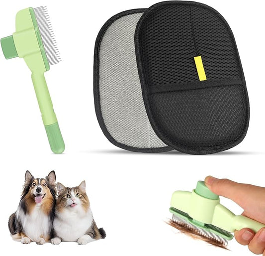Flea Comb and Pet Hair Removal Glove for Cats & Dogs Brush for Shedding Pet Hair Removal Comb with Long & Short Stainless Steel Teeth for Deshedding & Clothing/Couch/Furniture/Carpet/Car Seat