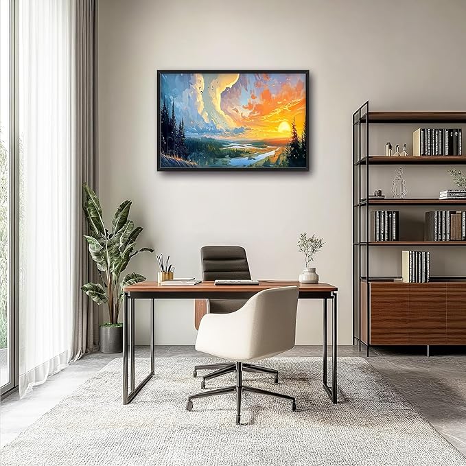 Framed Large Sunrise Wall Art for Living Room, Oversized Sunrise Wall Decor Forest Lake Landscape Canvas Print Natural Picture Home Decoration for Bedroom Living Room Office 36"x24"