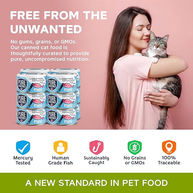 Tuna and Salmon Pate, Canned Wet Cat Food, 100% Mercury-Tested, Moist Can Fish, Grain-Free Protein, Non-GMO, 12 Pack