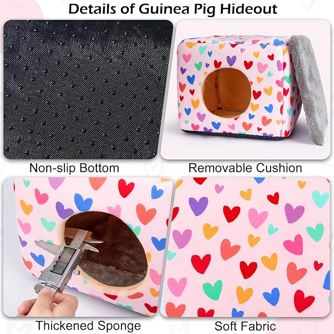 Bienbee Guinea Pig Hideout, Washable Guinea Pigs House Cozy Guinea Pigs Bed for Small Pet Bunny/Rabbit/Hamster/Chinchilla Guinea Pig Accessories Colorful Hearts
