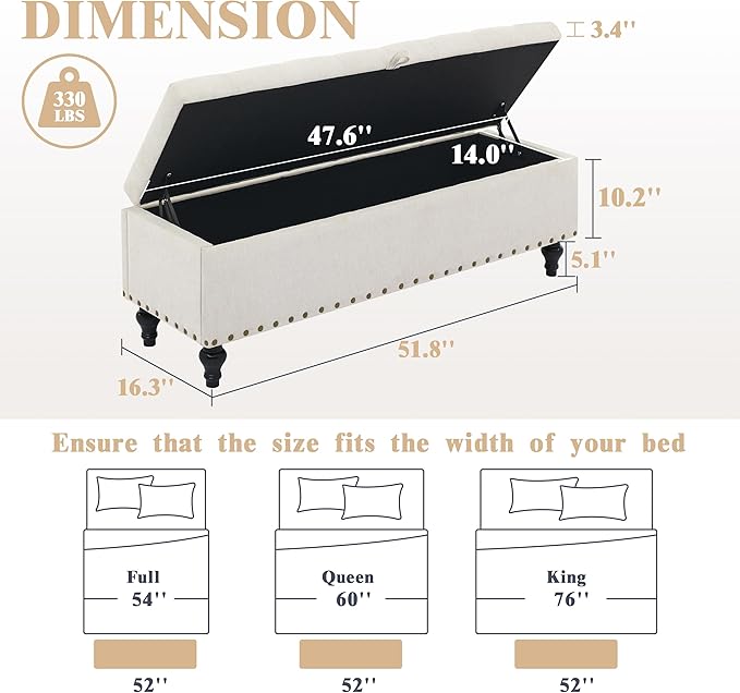 Mangodan51” Linen End of Bed Storage Bench, Tufetd Upholstered Storage Ottoman Bench with Safety Hinge, 330 lb Large Ottoman with Storages for Living Room, Entryway & Bedroom, Window Benches, Beige