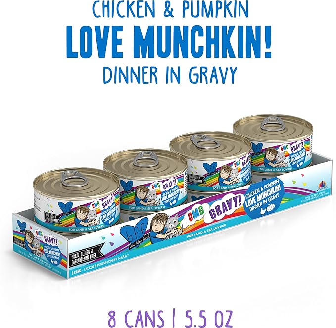 Weruva B.F.F. OMG - Best Feline Friend Oh My Gravy!, Love Munchkin! with Chicken & Pumpkin in Gravy Cat Food, 5.5oz Can (Pack of 8)