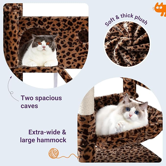 Allewie 81 Inches Tall Cat Tree/Multi-Level Large Climbing Tree House and Towers for Big Feline/Condo and Hammock/Scratching Post/Wide Base/Leopard Print