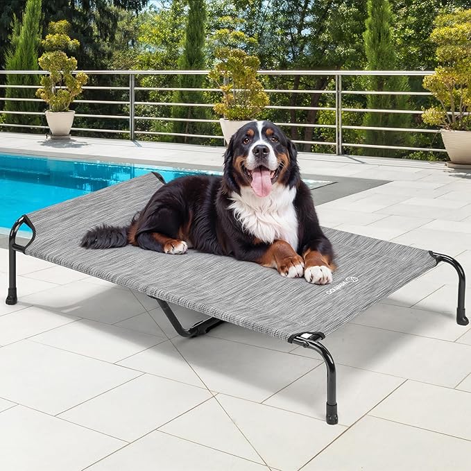 Veehoo XXXL Original Elevated Dog Bed - Outdoor Raised Dog Cots Beds for Large Dogs, One-Sided Extra Large Raised Cooling Pet Bed Off Ground, Non-Slip & Breathable, Black Silver 53"L x 33"W x 7.9"Th