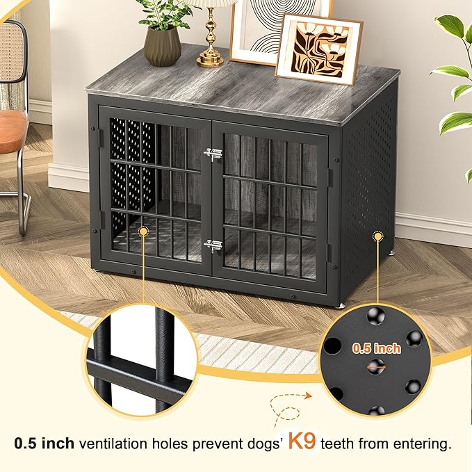 38" Heavy Duty Dog Crate Furniture for Large and Medium Dogs,Wooden Metal Kennel for High Anxiety Dogs, Chew Proof Pet Cage Indoor, Decorative Dog Kennel End Table