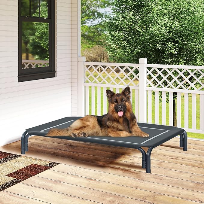 Elevated Dog Bed Raised Outdoor Dog Cot for Large Dogs, Installation Requires No Tools, Frame with Washable Cooling Breathable Mesh Anti-Slip Feet, Indoor Pet Bed, Black, 43.3 Inches